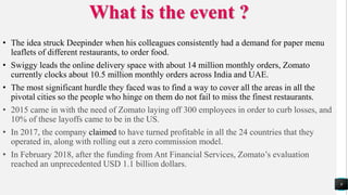 What is the event ?
• The idea struck Deepinder when his colleagues consistently had a demand for paper menu
leaflets of different restaurants, to order food.
• Swiggy leads the online delivery space with about 14 million monthly orders, Zomato
currently clocks about 10.5 million monthly orders across India and UAE.
• The most significant hurdle they faced was to find a way to cover all the areas in all the
pivotal cities so the people who hinge on them do not fail to miss the finest restaurants.
• 2015 came in with the need of Zomato laying off 300 employees in order to curb losses, and
10% of these layoffs came to be in the US.
• In 2017, the company claimed to have turned profitable in all the 24 countries that they
operated in, along with rolling out a zero commission model.
• In February 2018, after the funding from Ant Financial Services, Zomato’s evaluation
reached an unprecedented USD 1.1 billion dollars.
9
 