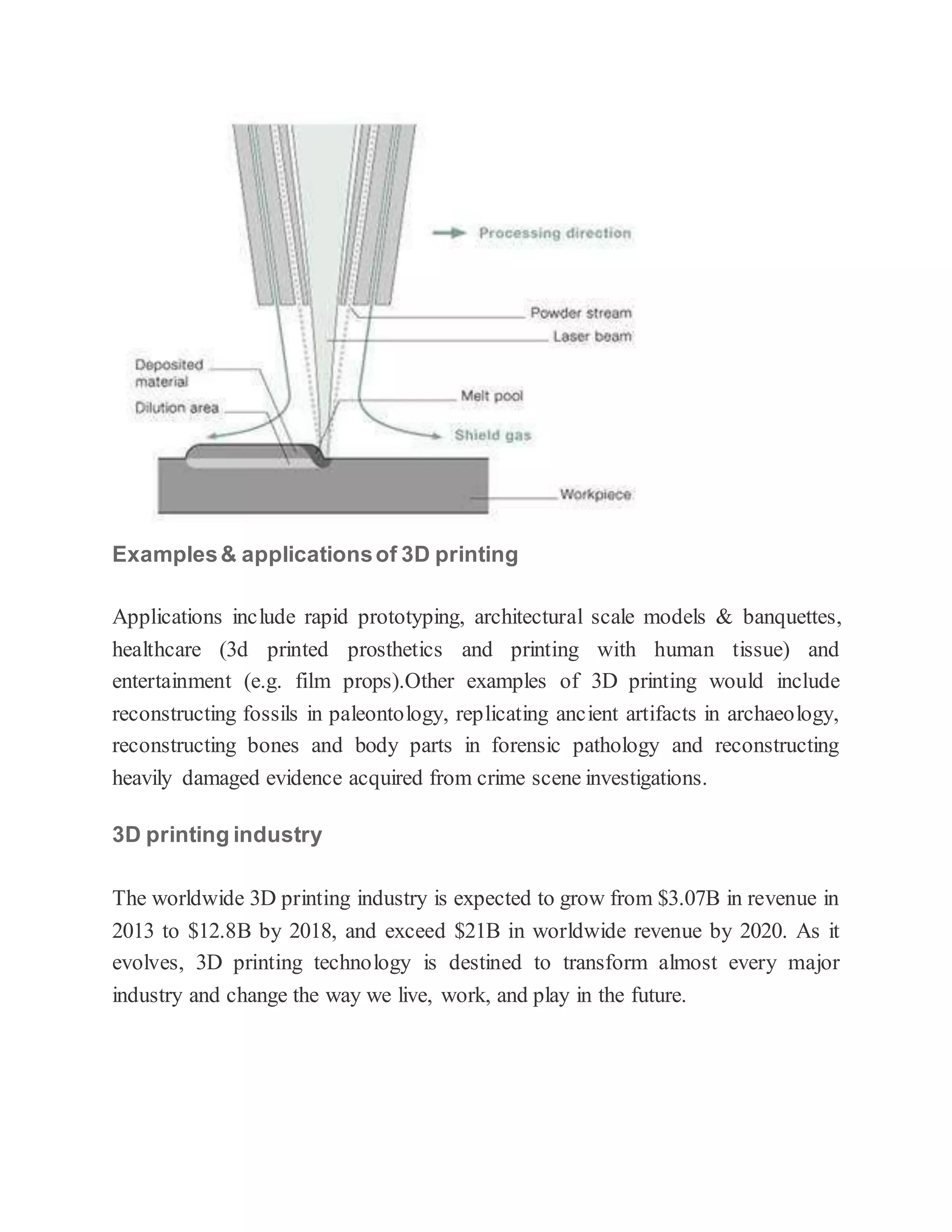 Examples& applicationsof 3D printing
Applications include rapid prototyping, architectural scale models & banquettes,
healthcare (3d printed prosthetics and printing with human tissue) and
entertainment (e.g. film props).Other examples of 3D printing would include
reconstructing fossils in paleontology, replicating ancient artifacts in archaeology,
reconstructing bones and body parts in forensic pathology and reconstructing
heavily damaged evidence acquired from crime scene investigations.
3D printing industry
The worldwide 3D printing industry is expected to grow from $3.07B in revenue in
2013 to $12.8B by 2018, and exceed $21B in worldwide revenue by 2020. As it
evolves, 3D printing technology is destined to transform almost every major
industry and change the way we live, work, and play in the future.
 