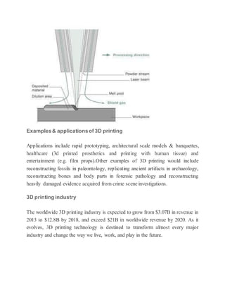 Examples& applicationsof 3D printing
Applications include rapid prototyping, architectural scale models & banquettes,
healthcare (3d printed prosthetics and printing with human tissue) and
entertainment (e.g. film props).Other examples of 3D printing would include
reconstructing fossils in paleontology, replicating ancient artifacts in archaeology,
reconstructing bones and body parts in forensic pathology and reconstructing
heavily damaged evidence acquired from crime scene investigations.
3D printing industry
The worldwide 3D printing industry is expected to grow from $3.07B in revenue in
2013 to $12.8B by 2018, and exceed $21B in worldwide revenue by 2020. As it
evolves, 3D printing technology is destined to transform almost every major
industry and change the way we live, work, and play in the future.
 