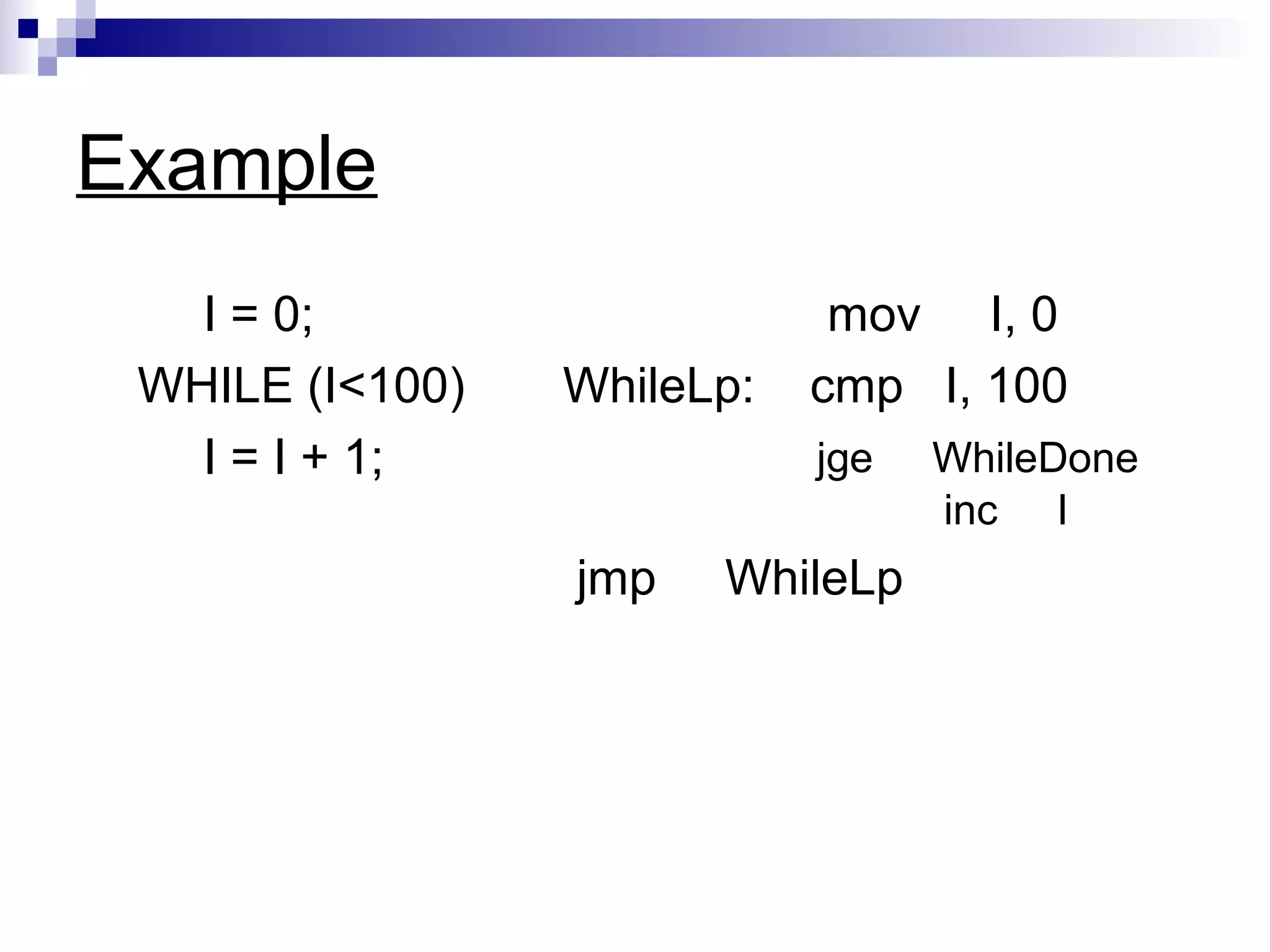Example
   I = 0;                    mov I, 0
 WHILE (I<100)   WhileLp:   cmp I, 100
   I = I + 1;               jge   WhileDone
                                  inc I
                 jmp   WhileLp
 