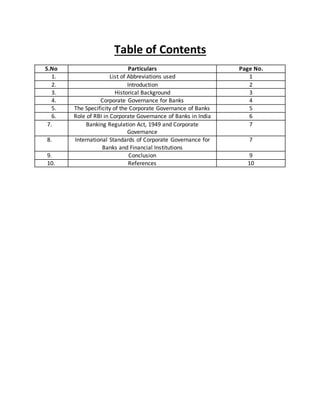 Table of Contents 
S.No Particulars Page No. 
1. List of Abbreviations used 1 
2. Introduction 2 
3. Historical Background 3 
4. Corporate Governance for Banks 4 
5. The Specificity of the Corporate Governance of Banks 5 
6. Role of RBI in Corporate Governance of Banks in India 6 
7. Banking Regulation Act, 1949 and Corporate 
Governance 
7 
8. International Standards of Corporate Governance for 
Banks and Financial Institutions 
7 
9. Conclusion 9 
10. References 10 
 