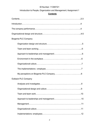 ID Number: 1130873/1
       Introduction to People, Organization and Management; Assignment 1
                                      Contents

Contents…………………………………………………………………………………..2-3

Introduction……………………………………………………………………………….4

The company performance……………………………………………………………..4

Organizational design and structure…………………………………………………...4-5

Biogenta PLC Company

     Organization design and structure……………………………………………….5

     Team and team working……………………………………………………….....6

     Approach to leaderships and management………………………………….....6

     Environment in the workplace……………………………………………….…..6

     Organizational culture…………………………………………………………….7

     The implementations - employee………………………..…………….….….…7

     My perceptions on Biogenta PLC Company……………………………….….8

Outback PLC Company

     Analyzes and investigates……………………………………………………….9

     Organizational design and culture……………………………………………...9

     Team and team work…………………………………………………………….10

     Approach to leaderships and management……………………………………10

     Management………………………………………………………………………11

     Organizational culture……………………………………………………………11

     Implementations- employees……………………………………………………12


                                       2
 