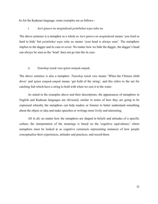 As for the Kadazan language, some examples are as follows:-

       i.     Aavi ginavo nu mogindusuk poimbuhai nopo tuhu nu.

The above sentence is a metaphor as a whole as Aavi ginavo nu mogindusuk means ‘you tried so
hard to hide’ but poimbuhai nopo tuhu nu means ‘your head is always seen’. The metaphors
implies to the dagger and its case or cover. No matter how we hide the dagger, the dagger’s head
can always be seen as the ‘head’ does not go into the its case.




       ii.    Tumohop tanak sina igitan tampuk-ampuk.

The above sentence is also a metaphor. Tumohop tanak sina means ‘When the Chinese child
dives’ and igitan tampuk-ampuk means ‘get hold of the string’, and this refers to the net for
catching fish which have a string to hold with when we cast it to the water.

       As stated in the examples above and their descriptions, the appearances of metaphors in
English and Kadazan languages are obviously similar in terms of how they are going to be
expressed whereby the metaphors can help readers or listener to better understand something
about the object or idea and make speeches or writings more lively and interesting.

       All in all, no matter how the metaphors are shaped in beliefs and attitudes of a specific
culture, the interpretation of the meanings is based on the 'cognitive equivalence,' where
metaphors must be looked at as cognitive constructs representing instances of how people
conceptualize their experiences, attitudes and practices, and record them.




                                                                                             11
 