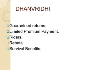 DHANVRIDHI
Guaranteed

returns.
Limited Premium Payment.
Riders.
Rebate.
Survival Benefits.

 