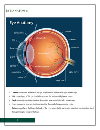 2
EYE ANATOMY:
 Cornea: clear front window of the eye that transmits and focuses light into the eye.
 Iris: colored part of the eye that helps regulate the amount of light that enters
 Pupil: dark aperture in the iris that determines how much light is let into the eye
 Lens: transparent structure inside the eye that focuses light rays onto the retina
 Retina: nerve layer that lines the back of the eye, senses light, and creates electrical impulses that travel
through the optic nerve to the brain
 