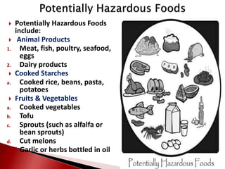  Potentially Hazardous Foods
include:
 Animal Products
1. Meat, fish, poultry, seafood,
eggs
2. Dairy products
 Cooked ...