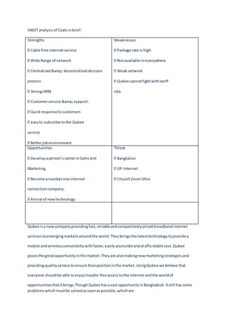 SWOT analysisof Coatsinbrief:
Strengths
process
service
Weaknesses
rate
Opportunities
person’scareerinSalesand
Marketing.
connectioncompany.
Threat
-Internet
Qubee isa newcompanyprovidingfast,reliableandcompetitivelypricedbroadbandinternet
servicestoemergingmarketsaroundthe world.Theybringsthe latesttechnologytoprovidea
mobile andwirelessconnectivitywithfaster,easilyaccessibleandataffordable cost.Qubee
posesthe greatopportunityinthe market.Theyare alsomakingnew marketingstrategiesand
providingqualityservice toensure theirpositioninthe market.UsingQubee we believe that
everyone shouldbe able toenjoytrouble-freeaccesstothe internetandthe worldof
opportunitiesthatitbrings.ThoughQubee hasavastopportunityinBangladesh.Itstill hassome
problemswhichmustbe solvedassoonaspossible,whichare
 