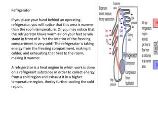 Refrigerator
If you place your hand behind an operating
refrigerator, you will notice that this area is warmer
than the room temperature. Or you may notice that
the refrigerator blows warm air on your feet as you
stand in front of it. Yet the interior of the freezing
compartment is very cold! The refrigerator is taking
energy from the freezing compartment, making it
colder, and exhausting that heat to the room,
making it warmer.
A refrigerator is a heat engine in which work is done
on a refrigerant substance in order to collect energy
from a cold region and exhaust it in a higher
temperature region, therby further cooling the cold
region.
 
