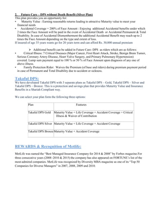2. Future Care – DPS without Death Benefit (Silver Plan)
This plan provides you an opportunity for:
• Maturity Value : Earning reasonable returns leading to attractive Maturity value to meet your
financial needs
• Accidental Coverage = 200% of Face Amount : Enjoying additional Accidental benefits under which
2 times the Face Amount will be paid in the event of Accidental Death or Accidental Permanent & Total
Disability. In case of Accidental Dismemberment the additional Accidental Benefit may reach up to 2
times the Face Amount depending on the type and extent of loss.
If insured of age 35 years wants go for 20 years term and can afford Rs. 30,000 annual premium
 Additional benefit can be added in Future Care- DPS as riders which are as follows:
• Critical Illness: 7 Critical Diseases (Major Cancer, First Heart Attack, Stroke, Benign Brain Tumor,
Serious Coronary Artery Disease, Heart Valve Surgery, and Primary Pulmonary Hypertension)
covered. Lump sum payment equal to 100 % or 50 % of Face Amount upon diagnosis of any one of
above illness.
• Family Protection Rider: Waives the Premium (of base and riders) during premium payment period
in case of Permanent and Total Disability due to accident or sickness.
Takaful DPS:
We have developed Takaful DPS with 3 separate plans as Takaful DPS – Gold, Takaful DPS – Silver and
Takaful DPS – Bronze. This is a protection and savings plan that provides Maturity Value and Insurance
Benefits in a Shariah Compliant way.
We can select your plan form the following three options:
Plan Features
Takaful DPS Gold Maturity Value + Life Coverage + Accident Coverage + Critical
Illness & Waiver of Contribution
Takaful DPS Silver Maturity Value + Life Coverage + Accident Coverage
Takaful DPS BronzeMaturity Value + Accident Coverage
REWARDS & Recognition of Metlife:
MetLife was named the “Best Managed Insurance Company for 2014 & 2008” by Forbes magazine.For
three consecutive years (2008–2010 & 2015) the company has also appeared on FORTUNE’s list of the
most-admired companies. MetLife was recognized by Diversity MBA magazine as one of its “Top 50
Companies for Diverse Managers” in 2007, 2008, 2009 and 2010.
 
