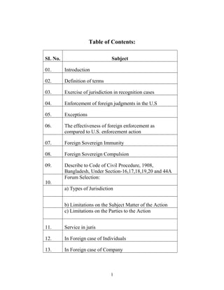 Table of Contents:
SL No. Subject
01. Introduction
02. Definition of terms
03. Exercise of jurisdiction in recognition cases
04. Enforcement of foreign judgments in the U.S
05. Exceptions
06. The effectiveness of foreign enforcement as
compared to U.S. enforcement action
07. Foreign Sovereign Immunity
08. Foreign Sovereign Compulsion
09. Describe to Code of Civil Procedure, 1908,
Bangladesh, Under Section-16,17,18,19,20 and 44A
10.
Forum Selection:
a) Types of Jurisdiction
b) Limitations on the Subject Matter of the Action
c) Limitations on the Parties to the Action
11. Service in juris
12. In Foreign case of Individuals
13. In Foreign case of Company
1
 