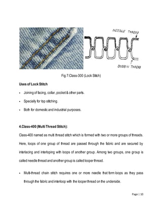 Page | 10
Fig 7:Class-300 (Lock Stitch)
Uses of Lock Stitch
 Joining of facing, collar, pocket& other parts.
 Specially for top stitching.
 Both for domestic and industrial purposes.
4.Class-400 (MultiThread Stitch):
Class-400 named as multi thread stitch which is formed with two or more groups of threads.
Here, loops of one group of thread are passed through the fabric and are secured by
interlacing and interloping with loops of another group. Among two groups, one group is
called needle thread and anothergroup is called looperthread.
 Multi-thread chain stitch requires one or more needle that form loops as they pass
through the fabric and interloop with the looperthread on the underside.
 