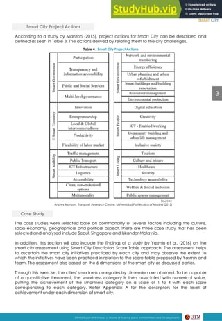 According to a study by Manzon (2015), project actions for Smart City can be described and
defined as seen in Table 3. The actions derived by relating them to the city challenges.
Smart City Project Actions
Table 4 : Smart City Project Actions
Case Study
The case studies were selected base on commonality of several factors including the culture,
socio economy, geographical and political aspect. There are three case study that has been
selected and analysed include Seoul, Singapore and Iskandar Malaysia.
In addition, this section will also include the findings of a study by Yasmin et al. (2016) on the
smart city assessment using Smart City Descriptors Score Table approach. The assessment helps
to ascertain the smart city initiatives practiced by each city and may observe the extent to
which the initiatives have been practiced in relation to the score table proposed by Yasmin and
team. The assessment also based on the 6 dimensions of the smart city as discussed earlier.
Through this exercise, the cities’ smartness categories by dimension are attained. To be capable
of a quantitative treatment, the smartness category is then associated with numerical value,
putting the achievement of the smartness category on a scale of 1 to 4 with each scale
corresponding to each category. Refer Appendix A for the descriptors for the level of
achievement under each dimension of smart city.
Source :
Andres Monzon, Transport Research Centre, Universidad Politécnica of Madrid (2015)
3
Siti Mahfuzah binti Mardy | Master of Science (Land Administration and Development)
 