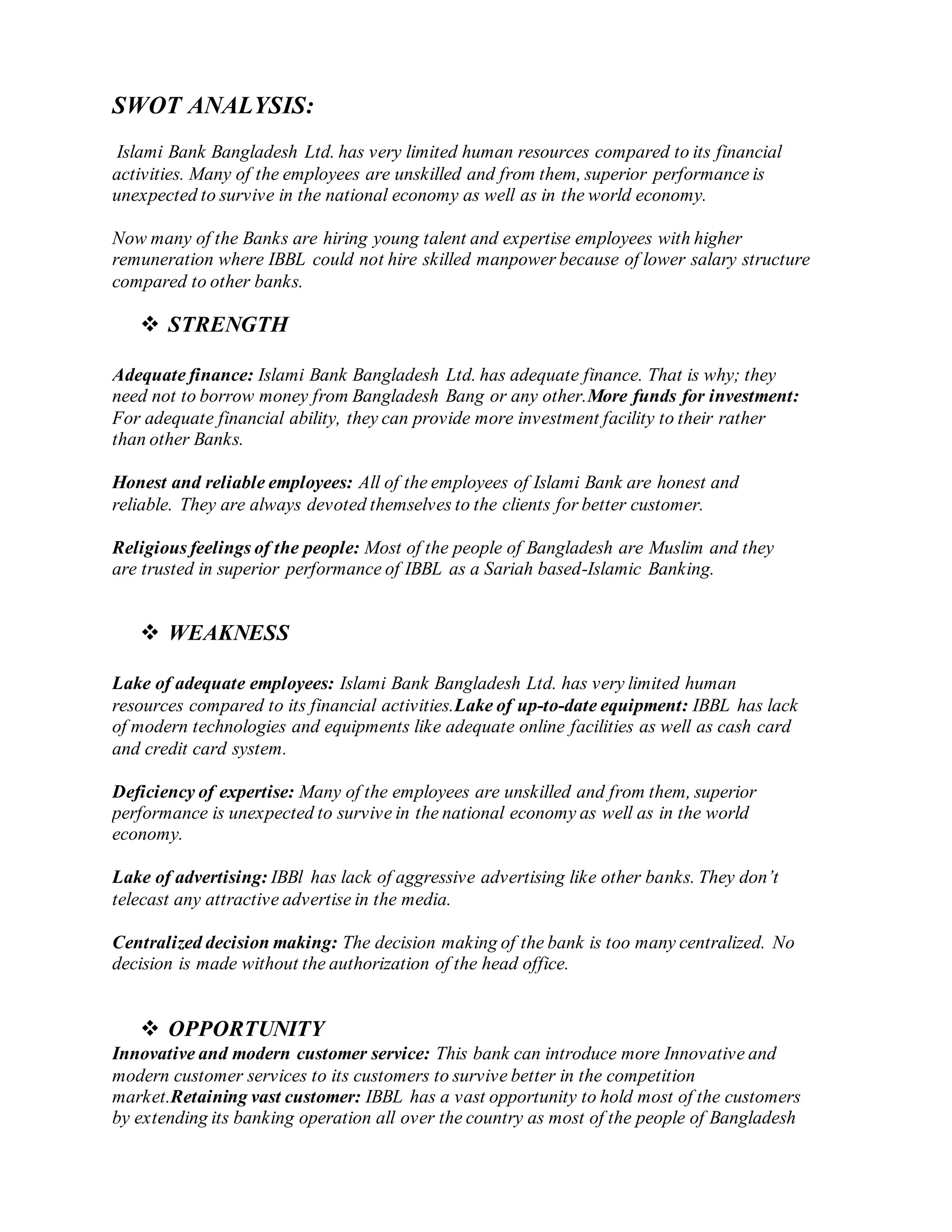 Assignment on SWOT analysis of islami bank bangladesh ltd. | DOCX