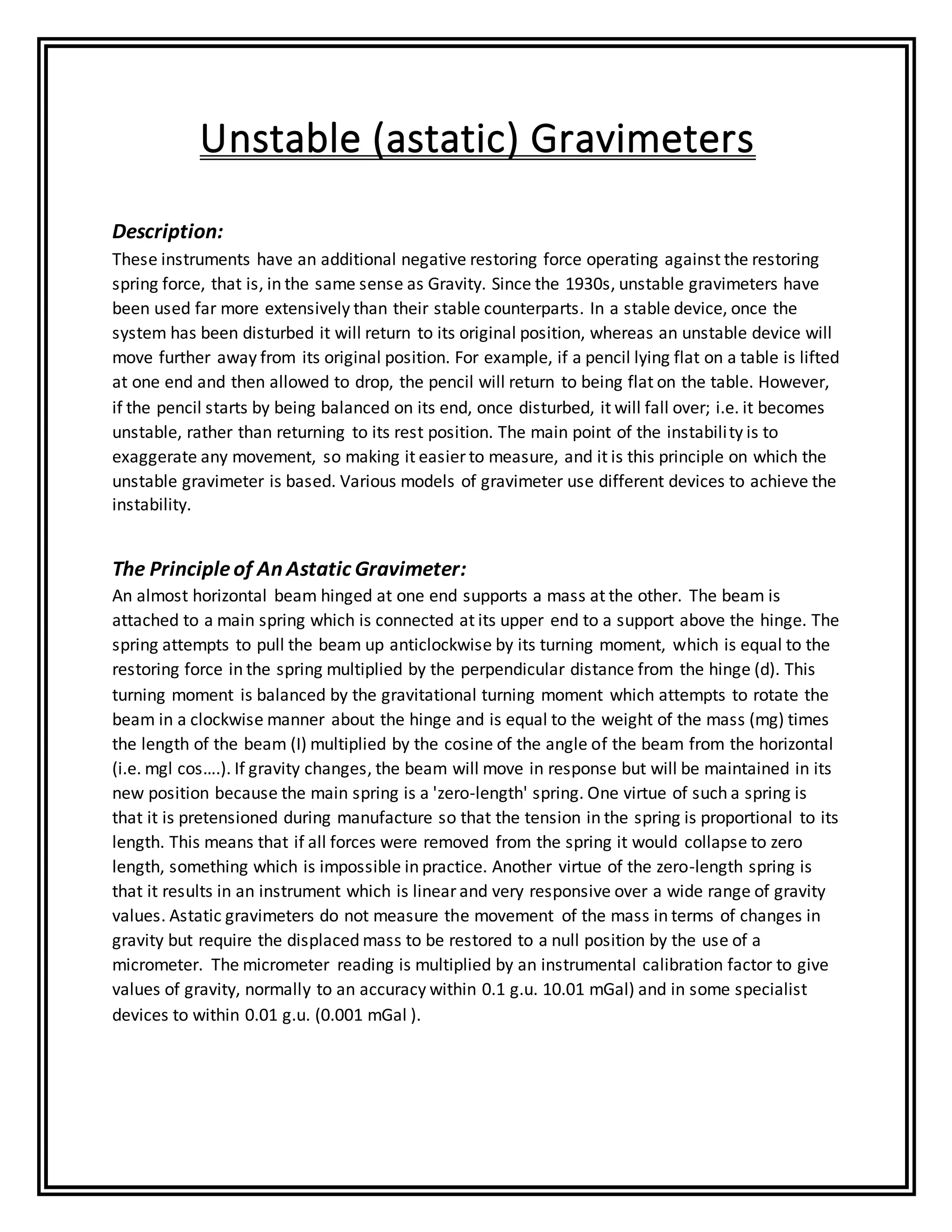Unstable/Astatic Gravimeters and Marine Gravity Survey | DOCX