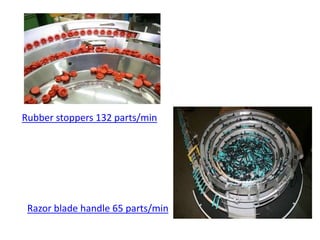 Rubber stoppers 132 parts/min
Razor blade handle 65 parts/min
 