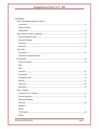 Assignment of Sem 1 to 4 - MA
Krishna Patel (MA, B.Ed) Page 2
Contents
Topic:- Psychological approach in Hamlet
Introducti...