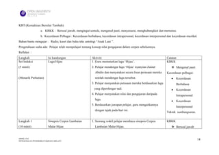 KBT (Kemahiran Bernilai Tambah):
                 a. KBKK : Bersoal jawab, mengingat semula, mengenal pasti, menyenarai, menghubungkait dan merumus.
                 b. Kecerdasan Pelbagai : Kecerdasan berbahasa, kecerdasan intrapersonal, kecerdasan interpersonal dan kecerdasan muzikal.
Bahan bantu mengajar : Radio, kaset dan buku teks antologi “Anak Laut ”.
Pengetahuan sedia ada: Pelajar telah mempelajari tentang konsep nilai pengajaran dalam cerpen sebelumnya.
Refleksi :
Langkah                 Isi kandungan                   Aktiviti                                                  Catatan
Set Induksi             Lagu Hijau                      1. Guru memutarkan lagu ‘Hijau’.                          KBKK
(5 minit)                                               2. Pelajar mendengar lagu ‘Hijau’ nyanyian Zainal              Mengenal pasti
                                                           Abidin dan menyatakan secara lisan perasaan mereka     Kecerdasan pelbagai:
(Menarik Perhatian)                                        setelah mendengar lagu tersebut.                           •   Kecerdasan
                                                        3. Pelajar menyatakan perasaan mereka berdasarkan lagu            Berbahasa
                                                          yang diperdengar tadi.                                      •   Kecerdasan
                                                        4. Pelajar menyatakan nilai dan pengajaran daripada               Intrapersonal
                                                           lagu.
                                                                                                                      •   Kecerdasan
                                                        5. Berdasarkan jawapan pelajar, guru mengaitkannya
                                                                                                                          Interpersonal
                                                           dengan tajuk pada hari ini.
                                                                                                                  Teknik sumbangsaran.

Langkah 1               Sinopsis Cerpen Lambaian        1. Seorang wakil pelajar membaca sinopsis Cerpen          KBKK
(10 minit)              Malar Hijau                        Lambaian Malar Hijau.                                       Bersoal jawab


HBML1103                                                                                                                                  14
PENGENALAN PENDIDIKAN BAHASA MELAYU
 