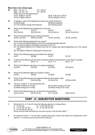 ETOOS ACADEMY Pvt. Ltd
F-106, Road No.2 Indraprastha Industrial Area, End of Evergreen Motor,
BSNL Lane, Jhalawar Road, Kota, Rajasthan (324005) Tel. : +91-744-242-5022, 92-14-233303
PERIODIC TABLE & PERIODICITY
ADVANCED # 20
More than one choice type
66. M(g)  M+
(g) + e–
; H = 100 eV.
M(g)  M2+
(g) + 2e–
; H = 250 eV.
Which is/are correct statement(s) ?
(A) IE1
of M(g) is 100 eV (B) IE1
of M+
(g) is 150 eV.
(C) IE2
of M(g) is 250 eV. (D) IE2
of M(g) is 150 eV.
67. In halogens, which of the following increases from iodine to fluorine?
(A) Bond length (B) Electronegativity
(C) The ionization energy of the element (D) Oxidizing power
68. Which of the following have isoelectronic structures?
(i) CH3
+
(ii) H3
O+
(iii) CH–
3
(iv) NH3
(A) (i) and (ii) (B) (i) and (iii) (C) (iii) and (iv) (D) (ii), (iii) and (iv)
69. Which among the following are isostructural pairs?
(A) NF3
and H3
O+
(B) NO–
3
and BF3
(C) NF3
and NO–
3
(D) NF3
and NH3
70. Which of the following statements are correct?
(A) F is the most electronegative and Cs the most electropositive element
(B) The electronegativity of halogens decreases from F to I.
(C) The electron affinity of Cl is higher than that of F though their electronegativities are in the reverse
order.
(D) The electron affinity of noble gases in almost zero
71. Which of the following species are isoelectronic with Ne?
(A) N3–
(B) Mg2+
(C) Al3+
(D) Ca2+
72. In which of the following are the orders of electron affinity of the elements or ions shown correctly?
(A) S > O–
(B) O > S–
(C) O–
> S–
(D) N–
> P
73. Which of the following salts does not undergo hydrolysis ?
(A) NaCl (B) KCN (C) KClO4
(D) Na2
CO3
74. Which of the following halides are soluble in water?
(A) AlF3
(B) AgI (C) AgCl (D) AgF
75. Which of the following pairs have approximately the same atomic radii?
(A) Pd and Pt (B) Al and Mg (C) Al and Ga (D) Na and Ne
76. The ionic bonds X+
Y–
are formed when the :
(A) electron affinity of Y is high (B) ionization energy of X is low
(C) lattice energy of XY is high (D) lattice energy of XY is low
77. Which of the following pairs do not show the inert-pair effect?
(A) Cu and Au (B) Si and Ge (C) TI and Pb (D) Bi and Sn
PART - II : SUBJECTIVE QUESTIONS
1. Elements A, B, C, D and E have the following electronic configurations :
A : 1s2 2s2 2p1 B : 1s2 2s2 2p6 3s2 3p1
C : 1s2 2s2 2p6 3s2 3p3 D : 1s2 2s2 2p6 3s2 3p5
E : 1s2 2s2 2p6 3s2 3p6 4s2
Which among these will belong to the same group in the periodic table ?
2. An element X with Z = 112 has been recently discovered. What is the electronic configuration of the
element ? To which group and period will it belong ?
 