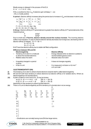 ETOOS ACADEMY Pvt. Ltd
F-106, Road No.2 Indraprastha Industrial Area, End of Evergreen Motor,
BSNL Lane, Jhalawar Road, Kota, Rajasthan (324005) Tel. : +91-744-242-5022, 92-14-233303
PERIODIC TABLE & PERIODICITY
ADVANCED # 6
Mostly energy is released in the process of first E.A.
X + e– X– + EA1
If EA1 is exothermic then (eg H (electron gain enthalpy) = – ve)
– EA1 is mostly positive
In period : Electron affinity increases along the period due to increase in Zeff and decrease in atomic size.
zeroLessZero
Ar
Ne
ClS
FO
P
N
SiAl
CB
Mg
Be
Na
Li
F > O > C > B > N > Be > Ne
Cl > S > Si > Al > P > Mg > Ar
In Group : Electron affinity of 3rd period element is greater than electron affinity of 2nd period elements of the
respective group.
F 2s22p5
Cl 3s23p5
Due to small size of fluorine, electron density around the nucleus increses. The incoming electron
suffers more repulsion. In case of chlorine electron density decreases due to large size, decreasing order of
electron affinity of halogen. Cl > F > Br > I
S > O > P > N
Si > C > P > N
N & P have low electron affinity due to stable half filled configuration.
Difference between EN and EA
Electronegativity Electron Affinity
– Tendency of an atom in a molecule – Energy released when an electron is added to
to attract the bonded electrons neutral isolated gaseous atom
– Relative value of an atom – Absolute value of an atom
– It regularly changed in a period – It does not changes regularly
or group
– It has no unit – It is measured in eV/atom or KJ mol–1
or K.cal mole–1
ELECTRONEGATIVITY (EN)
(i) The tendency of an atom to attract shared electrons towards itself is called electronegativity.
(ii) EN and EA both have tendency to attract electrons but electron affinity is for isolated atoms. Where as
electronegativity is for bonded atoms.
(iii) A polar covalent or ionic bond of A – B may be broken
as (a) A – B AA– : + B+ (EN A > EN B)
or (b) A – B AA+ + :B– (EN A < EN B)
depending on their tendency to attract bonded electron.
(iv) There is no unit of electronegativity as EN is tendency of a bonded atom not an energy
H
2.1
Li Be B C N O F
1.0 1.5 2.0 2.5 3.0 3.5 4.0
Na Mg Al Si P S Cl
0.9 1.2 1.5 1.8 2.1 2.5 3.0
K Br





8.0
Rb
8.0
5.2
I
8.2







7.0
Fr
7.0
Cs
– Small atoms are normally having more EN than larger atoms.
 