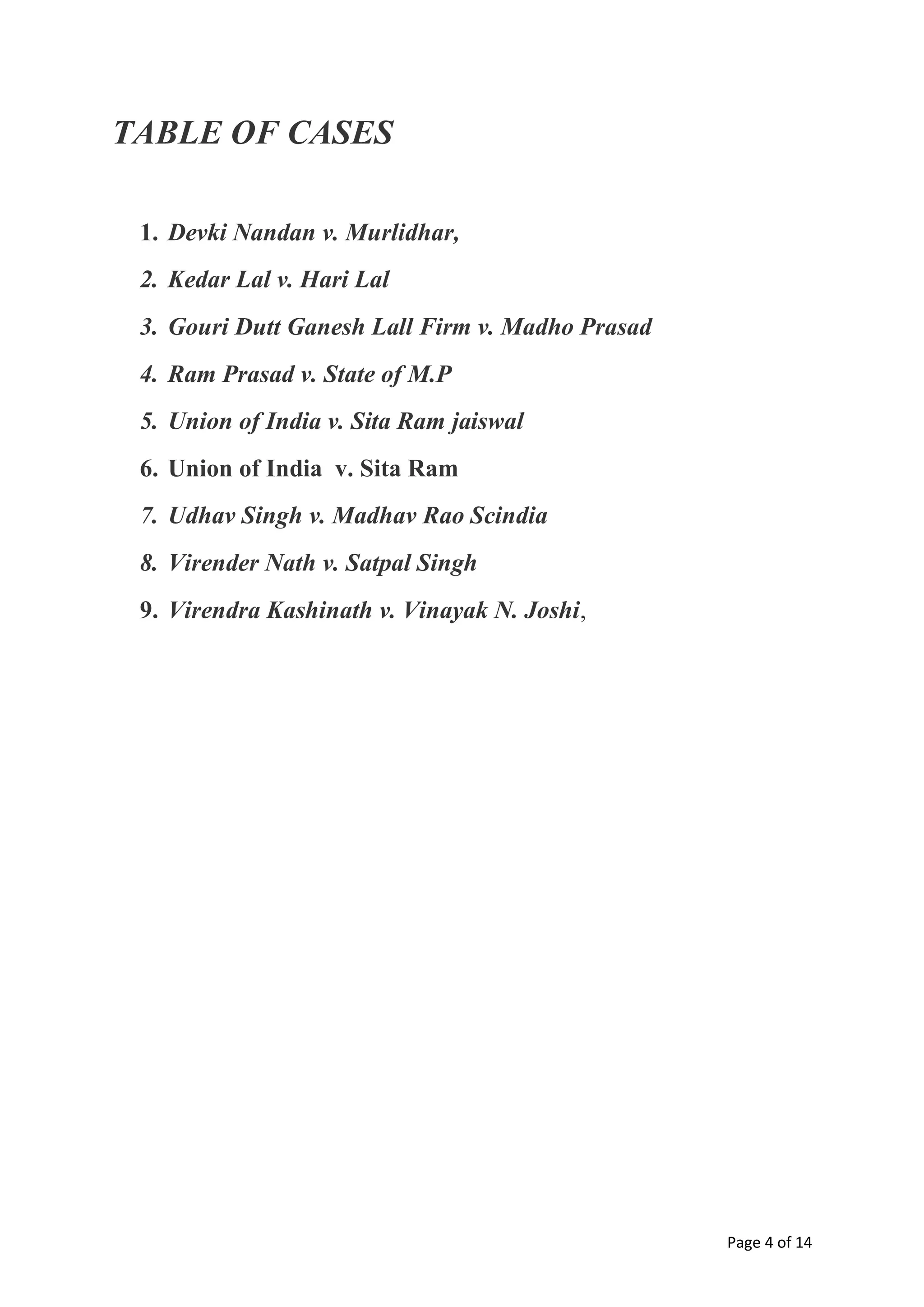 Page 4 of 14
TABLE OF CASES
1. Devki Nandan v. Murlidhar,
2. Kedar Lal v. Hari Lal
3. Gouri Dutt Ganesh Lall Firm v. Madho Prasad
4. Ram Prasad v. State of M.P
5. Union of India v. Sita Ram jaiswal
6. Union of India v. Sita Ram
7. Udhav Singh v. Madhav Rao Scindia
8. Virender Nath v. Satpal Singh
9. Virendra Kashinath v. Vinayak N. Joshi,
 