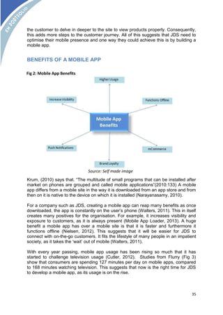 the customer to delve in deeper to the site to view products properly. Consequently, 
this adds more steps to the customer journey. All of this suggests that JDS need to 
optimise their mobile presence and one way they could achieve this is by building a 
mobile app. 
35 
BENEFITS OF A MOBILE APP 
Source: Self made image 
Fig 2: Mobile App Benefits 
Krum, (2010) says that. “The multitude of small programs that can be installed after 
market on phones are grouped and called mobile applications”(2010:133) A mobile 
app differs from a mobile site in the way it is downloaded from an app store and from 
then on it is native to the device on which it is installed (Narayanasamy, 2010). 
For a company such as JDS, creating a mobile app can reap many benefits as once 
downloaded, the app is constantly on the user’s phone (Walters, 2011). This in itself 
creates many positives for the organisation. For example, it increases visibility and 
exposure to customers, as it is always present (Mobile App Loader, 2013). A huge 
benefit a mobile app has over a mobile site is that it is faster and furthermore it 
functions offline (Nielsen, 2012). This suggests that it will be easier for JDS to 
connect with on-the-go customers. It fits the lifestyle of many people in an impatient 
society, as it takes the ‘wait’ out of mobile (Walters, 2011). 
With every year passing, mobile app usage has been rising so much that it has 
started to challenge television usage (Cutler, 2012). Studies from Flurry (Fig 3) 
show that consumers are spending 127 minutes per day on mobile apps, compared 
to 168 minutes watching television. This suggests that now is the right time for JDS 
to develop a mobile app, as its usage is on the rise. 
 