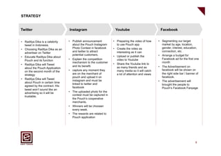 STRATEGY


Twitter                          Instagram                         Youtube                           Facebook


•  Raditya Dika is a celebrity   •  Publish announcement          •  Preparing the video of how     •  Segmenting our target
   tweet in Indonesia.              about the Pouch Instagram        to use Pouch app                  market by age, location,
                                    Photo Contest in facebook     •  Create the video as               gender, interest, education,
•  Choosing Raditya Dika as an
                                    and twitter to attract           interesting as it can             connection, etc.
   advertiser on Twitter
                                    potential customers.                                            •  Arrange a budget for
•  Educate Raditya Dika about                                     •  Upload or publish the
                                 •  Explain the competition          video to Youtube                  Facebook ad for the first one
   Pouch and its function
                                    mechanism to the customer                                          month
•  Raditya Dika will Tweet                                        •  Share the Youtube link to
                                    and its benefit.                 as many friends and as         •  The Advertisement on
   about the Pouch Application
                                 •  capture any moment they          many media so it will catch       facebook will be shown on
   on the second month of the
   strategy                         are on the merchant of           a lot of attention and views      the right side bar / banner of
                                    pouch and upload it on                                             facebook.
•  Raditya Dika will Tweet
                                    instagram and must be                                           •  The advertisement will
   about Pouch in certain time      linked to twitter and                                              brought the people to
   agreed by the contract. His      facebook                                                           Pouch’s Facebook Fanpage
   tweet won’t sound like an
   advertising so it will be     •  The uploaded photo for the
                                    contest must be captured in
   trustable.
                                    the Pouch’s cooperative
                                    merchants.
                                 •  Winners will be choosen
                                    every week.
                                 •  The rewards are related to
                                    Pouch application




                                                                                                                                  9
 