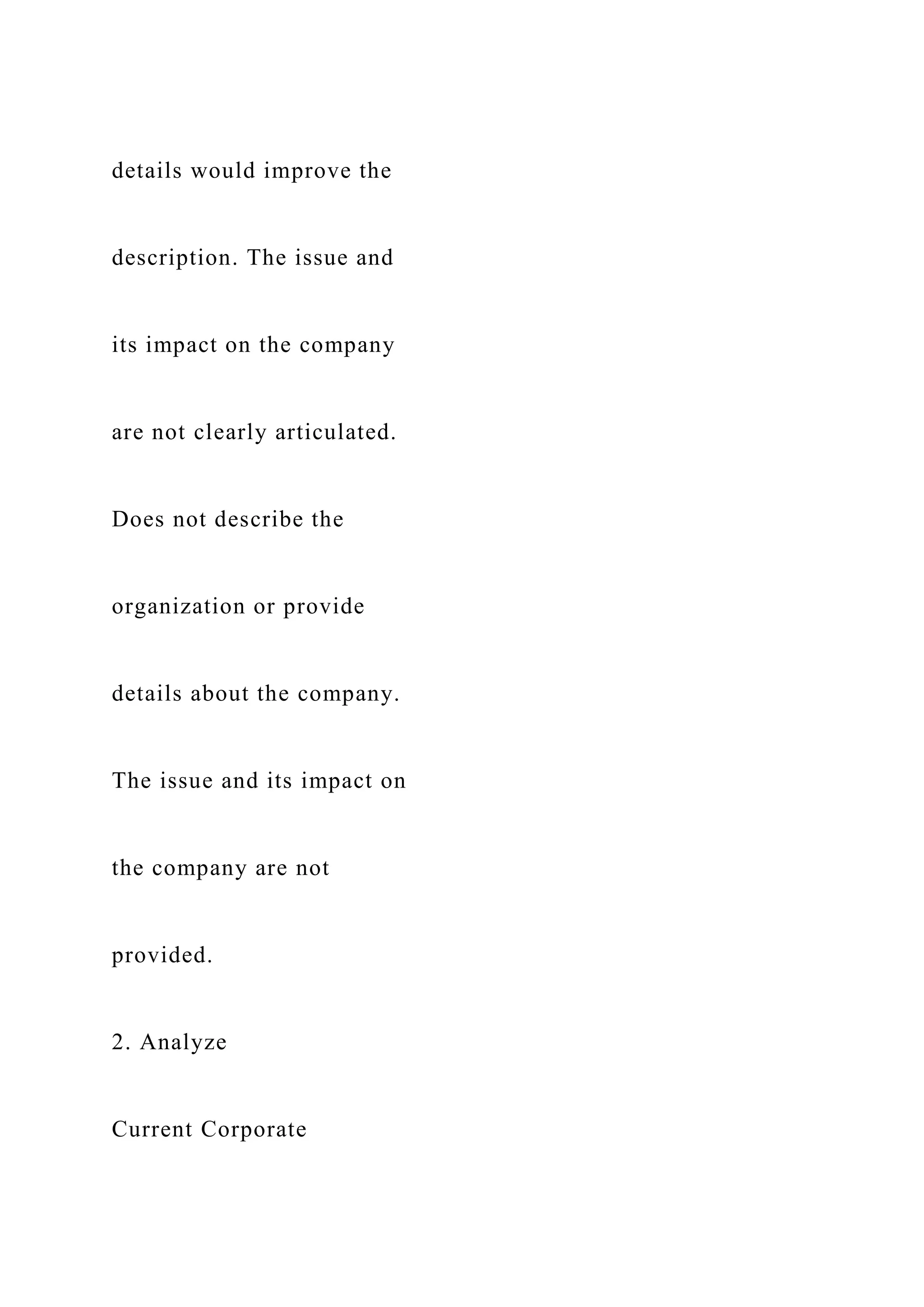 details would improve the
description. The issue and
its impact on the company
are not clearly articulated.
Does not describe the
organization or provide
details about the company.
The issue and its impact on
the company are not
provided.
2. Analyze
Current Corporate
 
