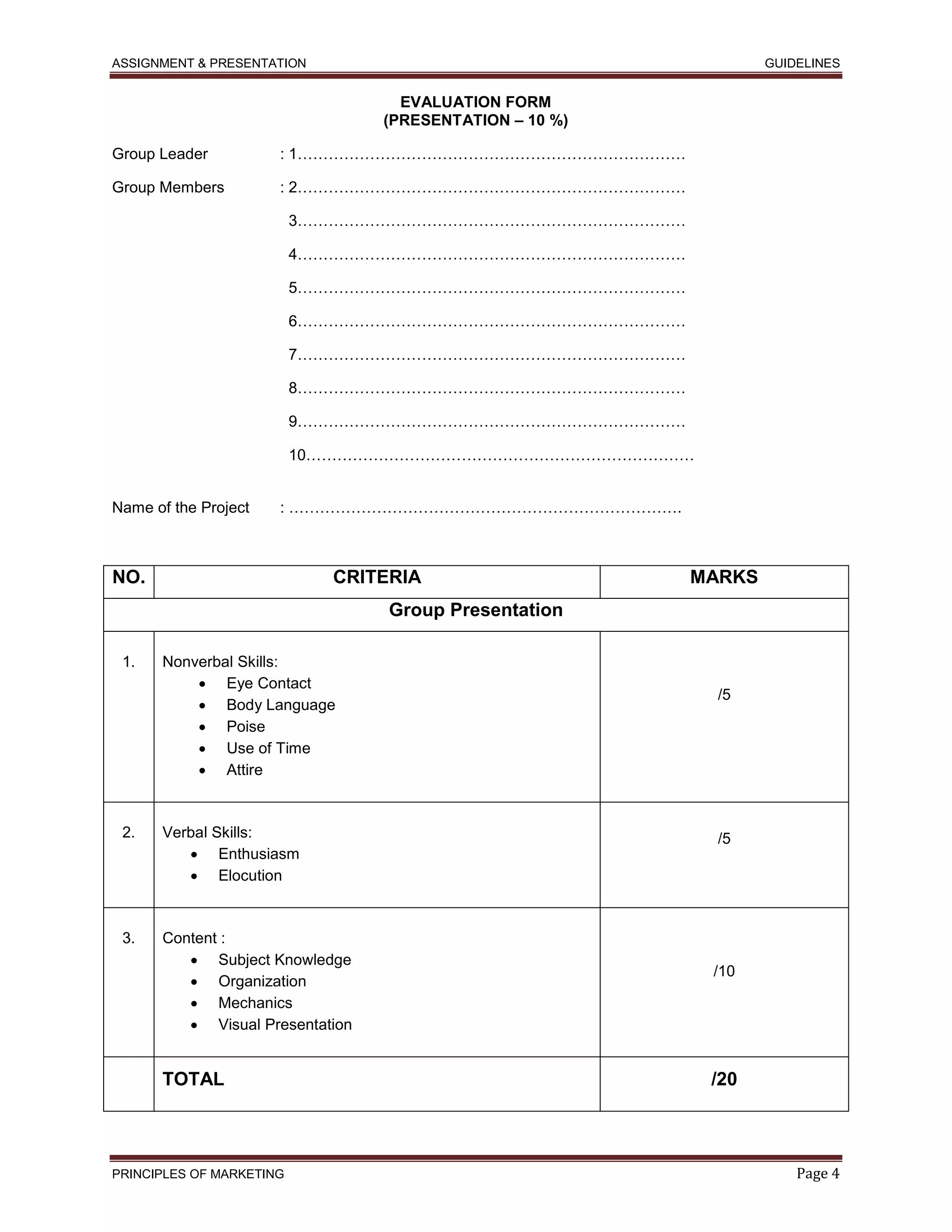 ASSIGNMENT & PRESENTATION GUIDELINES
PRINCIPLES OF MARKETING Page 4
EVALUATION FORM
(PRESENTATION – 10 %)
Group Leader : 1…………………………………………………………………
Group Members : 2…………………………………………………………………
3…………………………………………………………………
4…………………………………………………………………
5…………………………………………………………………
6…………………………………………………………………
7…………………………………………………………………
8…………………………………………………………………
9…………………………………………………………………
10…………………………………………………………………
Name of the Project : ………………………………………………………………….
NO. CRITERIA MARKS
Group Presentation
1. Nonverbal Skills:
 Eye Contact
 Body Language
 Poise
 Use of Time
 Attire
/5
2. Verbal Skills:
 Enthusiasm
 Elocution
/5
3. Content :
 Subject Knowledge
 Organization
 Mechanics
 Visual Presentation
/10
TOTAL /20
 