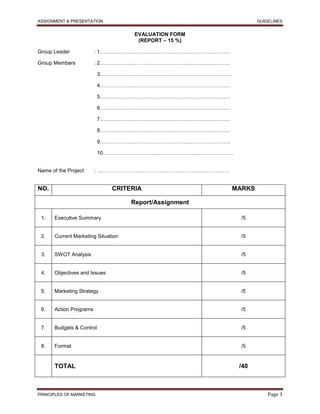 ASSIGNMENT & PRESENTATION GUIDELINES
PRINCIPLES OF MARKETING Page 3
EVALUATION FORM
(REPORT – 15 %)
Group Leader : 1…………………………………………………………………
Group Members : 2…………………………………………………………………
3…………………………………………………………………
4…………………………………………………………………
5…………………………………………………………………
6…………………………………………………………………
7…………………………………………………………………
8…………………………………………………………………
9…………………………………………………………………
10…………………………………………………………………
Name of the Project : ………………………………………………………………….
NO. CRITERIA MARKS
Report/Assignment
1. Executive Summary /5
2. Current Marketing Situation /5
3. SWOT Analysis /5
4. Objectives and Issues /5
5. Marketing Strategy /5
6. Action Programs /5
7. Budgets & Control /5
8. Format /5
TOTAL /40
 