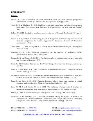 REFERENCES
Journals
Ahmad, K., 2009. Leadership and work motivation from the cross cultural perspective.
International Journal of Commerce and Management. 19(1). pp.72–84.
Ankli, E. R. and Palliam, R., 2012. Enabling a motivated workforce: exploring the sources of
motivation. Development and Learning in Organizations: An International Journal.
26(2).
Bishop, W., 2012. Leadership, an ulterior motive. Journal of Strategic Leadership. 4(1). pp.61-
64.
Buech, D. I. V., Michel, A. and Sonntag, K., 2010. Suggestion systems in organizations: what
motivates employees to submit suggestions?. European Journal of Innovation
Management. 13(4).
Canós‐Darós, L., 2013. An algorithm to identify the most motivated employees. Management
Decision. 51(4).
Fairholm, M. R., 2004. Different perspectives on the practice of leadership. Public
Administration Review. 64(5). pp.577-590.
Gignac, E. G. and Palmer, R. B., 2011. The Genos employee motivation assessment. Industrial
and Commercial Training. 43(2).
Grant, R., 2008. Richard Branson and The Virgin Group. Contemporary Strategy Analysis. pp.
339-413.
Hosie, P. J. and Smith, R. C. 2009. A future for organizational behavior?. European Business
Review. 21(3). pp.215–232.
Humbert, L. A. and Drew, E., 2010. Gender, entrepreneurship and motivational factors in an Irish
context. International Journal of Gender and Entrepreneurship. 2(2). pp.173–196.
Jones, S. and Scott, J. G., 2011. Changing business culture: theory and practice in typical
emerging markets. Emerging Markets Case Studies Collection, 10(4).
Leon, M. M. I. and Garcia, M. A. J., 2011. The influence of organizational structure on
organizational learning. International Journal of Manpower. 32(5/6). pp.537-566.
McGee, L., 2006. How to motivate your employees to learn. Strategic HR Review. 5(3).
Northcraft, B. G. and et.al, 2011. Concluding Remarks Setting the Scene: The Calculus of
Agreement in Group Negotiation. Negotiation and Groups (Research on Managing
Groups and Teams. Emerald Group Publishing Limited. 14(1). pp. 241–259.
TOLL-FREE NO: +61 879057034 EMAIL: help@assignmentprime.com
WHATSAPP NO: +61 450461655 WEBSITE: www.assignmentprime.com
ASSIGNMENT HELP & WRITING SERVICES AUSTRALIA
 