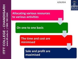 ITFT COLLEGE 3
4/26/2014
Allocating various resources
to various activities
On one to one basis
The time and cost are
minimised
Sale and profit are
maximised
 