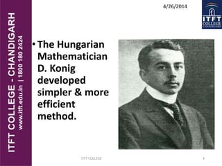 •The Hungarian
Mathematician
D. Konig
developed
simpler & more
efficient
method.
ITFT COLLEGE 4
4/26/2014
 