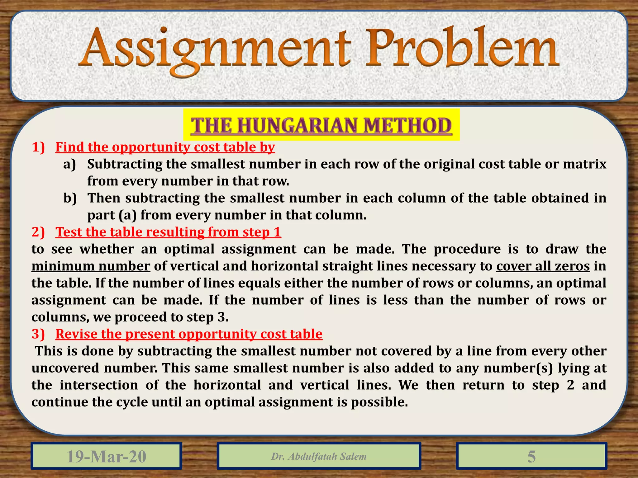 19-Mar-20 Dr. Abdulfatah Salem 5
1) Find the opportunity cost table by
a) Subtracting the smallest number in each row of the original cost table or matrix
from every number in that row.
b) Then subtracting the smallest number in each column of the table obtained in
part (a) from every number in that column.
2) Test the table resulting from step 1
to see whether an optimal assignment can be made. The procedure is to draw the
minimum number of vertical and horizontal straight lines necessary to cover all zeros in
the table. If the number of lines equals either the number of rows or columns, an optimal
assignment can be made. If the number of lines is less than the number of rows or
columns, we proceed to step 3.
3) Revise the present opportunity cost table
This is done by subtracting the smallest number not covered by a line from every other
uncovered number. This same smallest number is also added to any number(s) lying at
the intersection of the horizontal and vertical lines. We then return to step 2 and
continue the cycle until an optimal assignment is possible.
 