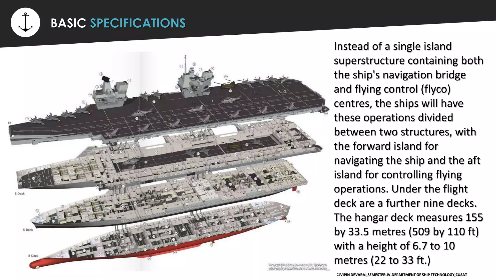 ⚡ BASIC SPECIFICATIONS
Instead of a single island
superstructure containing both
the ship's navigation bridge
and flying control (flyco)
centres, the ships will have
these operations divided
between two structures, with
the forward island for
navigating the ship and the aft
island for controlling flying
operations. Under the flight
deck are a further nine decks.
The hangar deck measures 155
by 33.5 metres (509 by 110 ft)
with a height of 6.7 to 10
metres (22 to 33 ft.)
©VIPIN DEVARAJ,SEMESTER-IV-DEPARTMENT OF SHIP TECHNOLOGY,CUSAT
 