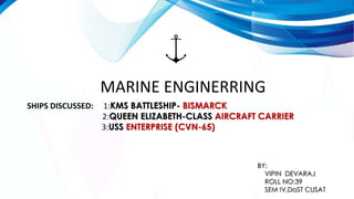 ⚡
MARINE ENGINERRING
SHIPS DISCUSSED: 1:KMS BATTLESHIP- BISMARCK
2:QUEEN ELIZABETH-CLASS AIRCRAFT CARRIER
3:USS ENTERPRISE (CVN-65)
BY:
VIPIN DEVARAJ
ROLL NO:39
SEM IV,DoST CUSAT
 