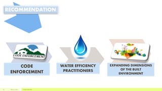 July 22, 2012 Footer text here17
RECOMMENDATION
CODE
ENFORCEMENT
WATER EFFICIENCY
PRACTITIONERS
EXPANDING DIMENSIONS
OF THE BUILT
ENVIRONMENT
 