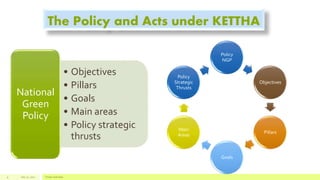 The Policy and Acts under KETTHA
• Objectives
• Pillars
• Goals
• Main areas
• Policy strategic
thrusts
National
Green
Policy
Policy
NGP
Objectives
Pillars
Goals
Main
Areas
Policy
Strategic
Thrusts
July 22, 2012 Footer text here9
 