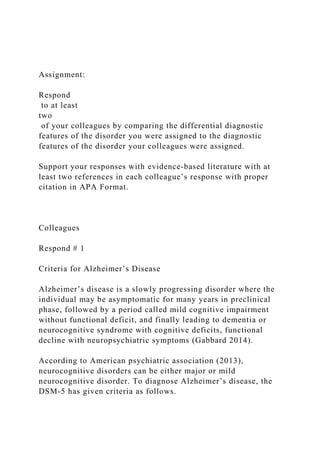 Assignment:
Respond
to at least
two
of your colleagues by comparing the differential diagnostic
features of the disorder you were assigned to the diagnostic
features of the disorder your colleagues were assigned.
Support your responses with evidence-based literature with at
least two references in each colleague’s response with proper
citation in APA Format.
Colleagues
Respond # 1
Criteria for Alzheimer’s Disease
Alzheimer’s disease is a slowly progressing disorder where the
individual may be asymptomatic for many years in preclinical
phase, followed by a period called mild cognitive impairment
without functional deficit, and finally leading to dementia or
neurocognitive syndrome with cognitive deficits, functional
decline with neuropsychiatric symptoms (Gabbard 2014).
According to American psychiatric association (2013),
neurocognitive disorders can be either major or mild
neurocognitive disorder. To diagnose Alzheimer’s disease, the
DSM-5 has given criteria as follows.
 