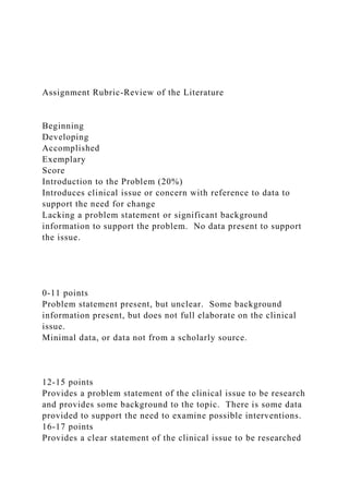 Assignment Rubric-Review of the Literature
Beginning
Developing
Accomplished
Exemplary
Score
Introduction to the Problem (20%)
Introduces clinical issue or concern with reference to data to
support the need for change
Lacking a problem statement or significant background
information to support the problem. No data present to support
the issue.
0-11 points
Problem statement present, but unclear. Some background
information present, but does not full elaborate on the clinical
issue.
Minimal data, or data not from a scholarly source.
12-15 points
Provides a problem statement of the clinical issue to be research
and provides some background to the topic. There is some data
provided to support the need to examine possible interventions.
16-17 points
Provides a clear statement of the clinical issue to be researched
 