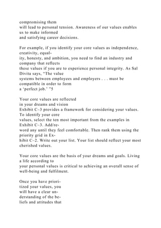 compromising them
will lead to personal tension. Awareness of our values enables
us to make informed
and satisfying career decisions.
For example, if you identify your core values as independence,
creativity, equal-
ity, honesty, and ambition, you need to find an industry and
company that reflects
these values if you are to experience personal integrity. As Sal
Divita says, “The value
systems between employees and employers . . . must be
compatible in order to form
a ‘perfect job.’ ”5
Your core values are reflected
in your dreams and vision
Exhibit C–3 provides a framework for considering your values.
To identify your core
values, select the ten most important from the examples in
Exhibit C–3. Add/re-
word any until they feel comfortable. Then rank them using the
priority grid in Ex-
hibit C–2. Write out your list. Your list should reflect your most
cherished values.
Your core values are the basis of your dreams and goals. Living
a life according to
your personal values is critical to achieving an overall sense of
well-being and fulfilment.
Once you have priori-
tized your values, you
will have a clear un-
derstanding of the be-
liefs and attitudes that
 
