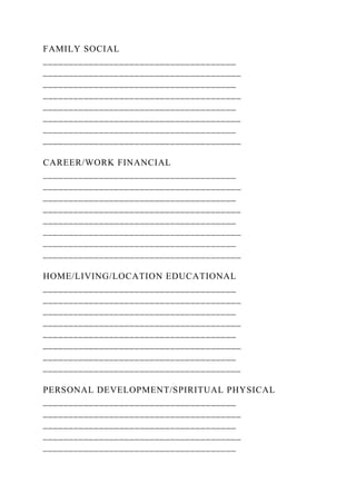 FAMILY SOCIAL
______________________________________
_______________________________________
______________________________________
_______________________________________
______________________________________
_______________________________________
______________________________________
_______________________________________
CAREER/WORK FINANCIAL
______________________________________
_______________________________________
______________________________________
_______________________________________
______________________________________
_______________________________________
______________________________________
_______________________________________
HOME/LIVING/LOCATION EDUCATIONAL
______________________________________
_______________________________________
______________________________________
_______________________________________
______________________________________
_______________________________________
______________________________________
_______________________________________
PERSONAL DEVELOPMENT/SPIRITUAL PHYSICAL
______________________________________
_______________________________________
______________________________________
_______________________________________
______________________________________
 