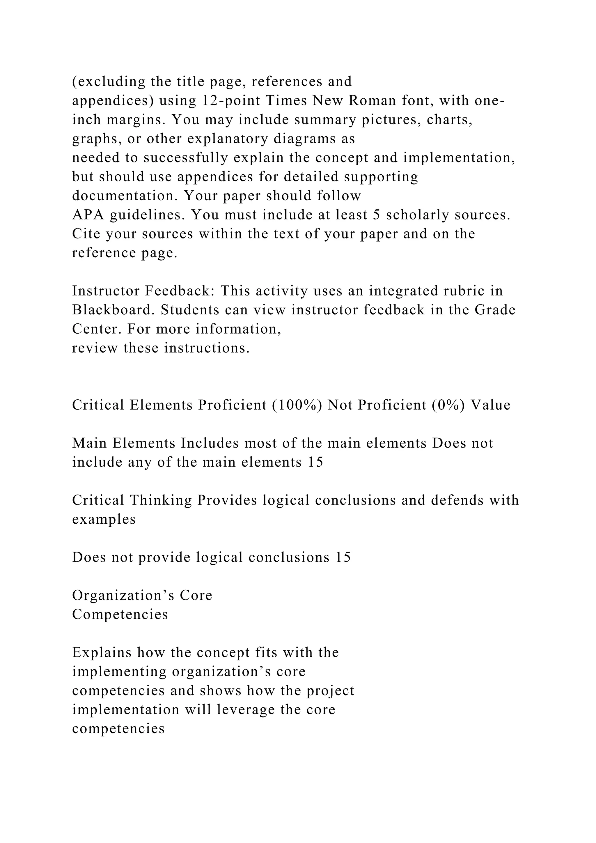 (excluding the title page, references and
appendices) using 12-point Times New Roman font, with one-
inch margins. You may include summary pictures, charts,
graphs, or other explanatory diagrams as
needed to successfully explain the concept and implementation,
but should use appendices for detailed supporting
documentation. Your paper should follow
APA guidelines. You must include at least 5 scholarly sources.
Cite your sources within the text of your paper and on the
reference page.
Instructor Feedback: This activity uses an integrated rubric in
Blackboard. Students can view instructor feedback in the Grade
Center. For more information,
review these instructions.
Critical Elements Proficient (100%) Not Proficient (0%) Value
Main Elements Includes most of the main elements Does not
include any of the main elements 15
Critical Thinking Provides logical conclusions and defends with
examples
Does not provide logical conclusions 15
Organization’s Core
Competencies
Explains how the concept fits with the
implementing organization’s core
competencies and shows how the project
implementation will leverage the core
competencies
 