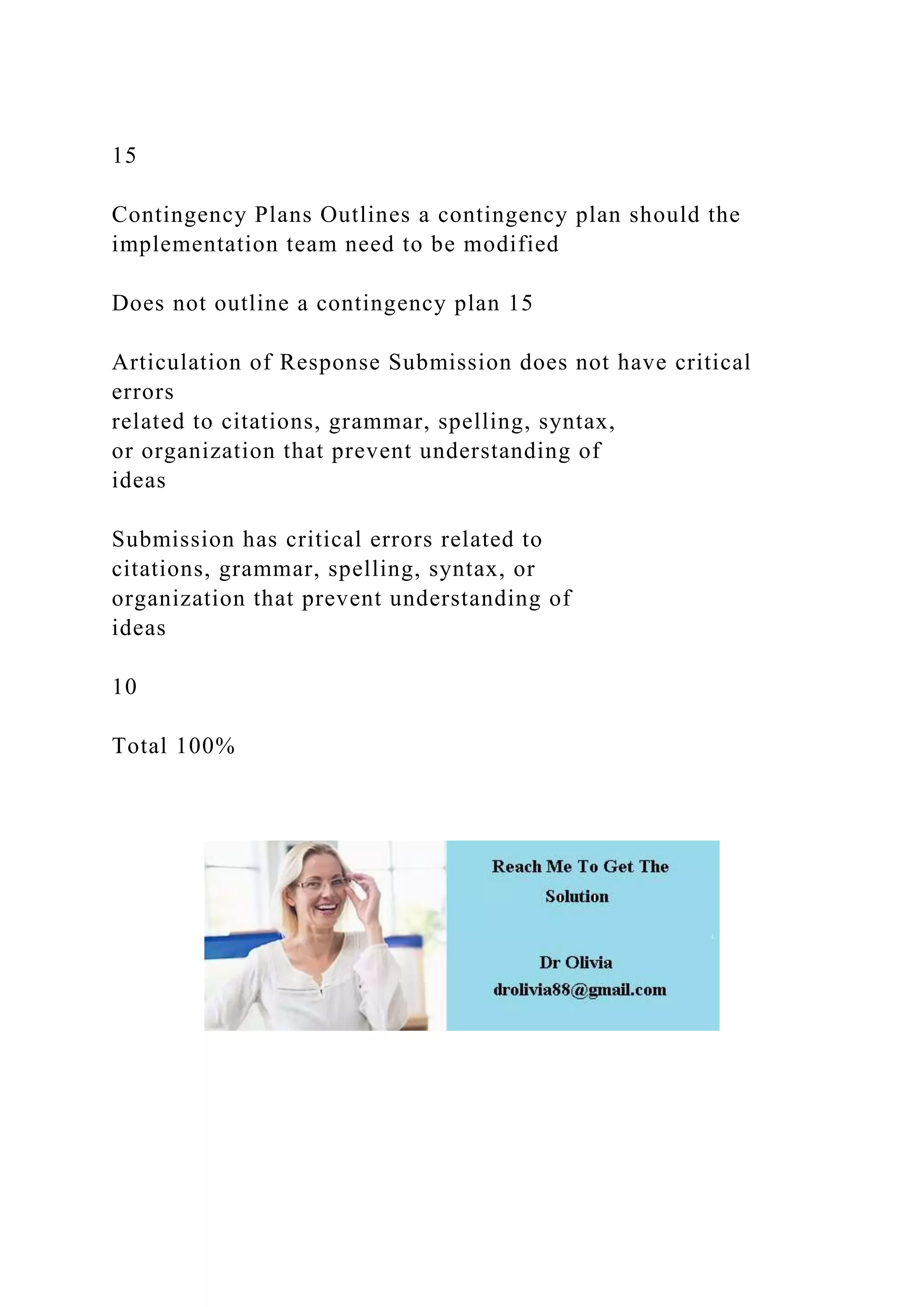 15
Contingency Plans Outlines a contingency plan should the
implementation team need to be modified
Does not outline a contingency plan 15
Articulation of Response Submission does not have critical
errors
related to citations, grammar, spelling, syntax,
or organization that prevent understanding of
ideas
Submission has critical errors related to
citations, grammar, spelling, syntax, or
organization that prevent understanding of
ideas
10
Total 100%
 