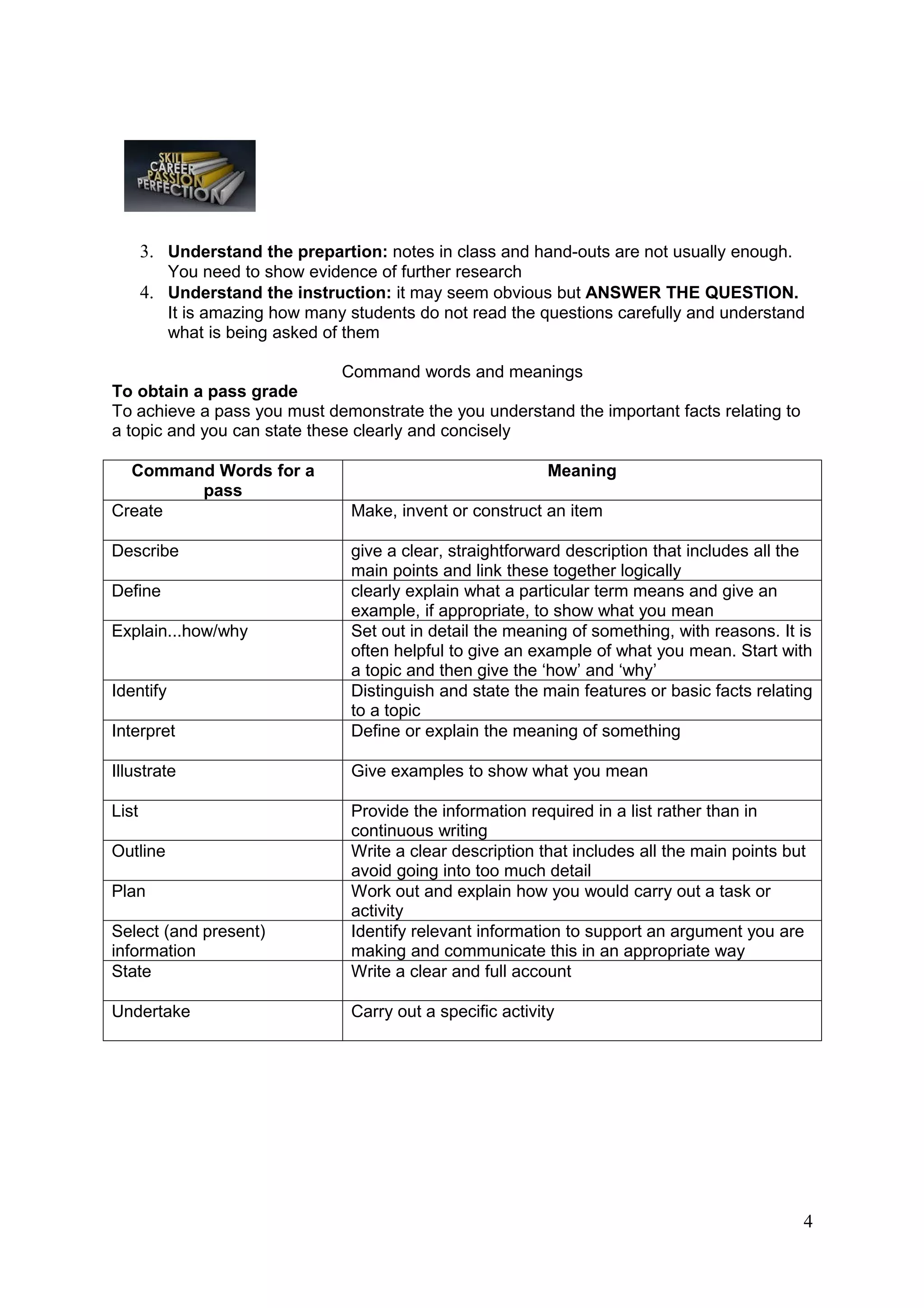 3. Understand the prepartion: notes in class and hand-outs are not usually enough.
          You need to show evidence of further research
       4. Understand the instruction: it may seem obvious but ANSWER THE QUESTION.
          It is amazing how many students do not read the questions carefully and understand
          what is being asked of them

                              Command words and meanings
To obtain a pass grade
To achieve a pass you must demonstrate the you understand the important facts relating to
a topic and you can state these clearly and concisely

  Command Words for a                                        Meaning
        pass
Create                           Make, invent or construct an item

Describe                         give a clear, straightforward description that includes all the
                                 main points and link these together logically
Define                           clearly explain what a particular term means and give an
                                 example, if appropriate, to show what you mean
Explain...how/why                Set out in detail the meaning of something, with reasons. It is
                                 often helpful to give an example of what you mean. Start with
                                 a topic and then give the ‘how’ and ‘why’
Identify                         Distinguish and state the main features or basic facts relating
                                 to a topic
Interpret                        Define or explain the meaning of something

Illustrate                       Give examples to show what you mean

List                             Provide the information required in a list rather than in
                                 continuous writing
Outline                          Write a clear description that includes all the main points but
                                 avoid going into too much detail
Plan                             Work out and explain how you would carry out a task or
                                 activity
Select (and present)             Identify relevant information to support an argument you are
information                      making and communicate this in an appropriate way
State                            Write a clear and full account

Undertake                        Carry out a specific activity




                                                                                               4
 