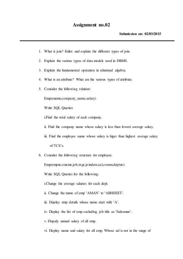 Dbms assignment questions answers