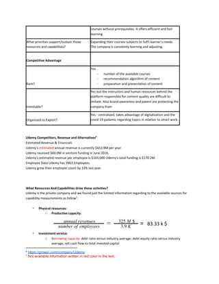 Udemy Competitors, Revenue and Alternatives​6
Estimated Revenue & Financials
Udemy's ​estimated​ annual revenue is currently $653.9M per year.
Udemy received $60.0M in venture funding in June 2016.
Udemy's estimated revenue per employee is $165,000 Udemy's total funding is $170.2M.
Employee Data Udemy has 3963 Employees.
Udemy grew their employee count by 33% last year.
What Resources And Capabilities drive those activities?
Udemy is the private company and we found just the limited information regarding to the available sources for
capability measurements as follow​7​
:
‑ Physical resources:
○ Productive capacity​:
= ​ ​83.33 k $
annual revenues
number of employees
= 3.9 K
325 M $
‑ Investment service:
○ Borrowing capacity​: debt ratio versus industry average; debt-equity ratio versus industry
average, net cash flow to total invested capital
6
​https://growjo.com/company/Udemy
7
​Not available information written in red color in the text.
courses without prerequisites. It offers efficient and fast
learning.
What priorities support/sustain those
resources and capabilities?
Expanding their courses subjects to fulfil learner’s needs.
The company is constantly learning and adjusting.
Competitive Advantage
Rare?
Yes
- number of the available courses
- recommendation algorithm of content
- preparation and presentation of content
Inimitable?
Yes but the instructors and human resources behind the
platform responsible for content quality are difficult to
imitate. Also brand awareness and patent are protecting the
company from
Organized to Exploit?
Yes - centralized, takes advantage of digitalization and the
covid-19 padamic regarding topics in relation to smart work.
 