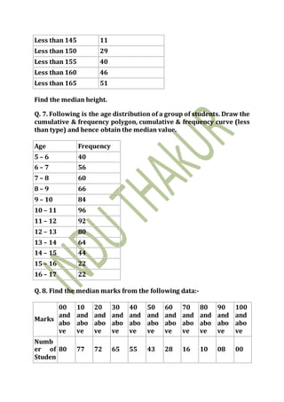 Less than 145 11
Less than 150 29
Less than 155 40
Less than 160 46
Less than 165 51
Find the median height.
Q. 7. Following is the age distribution of a group of students. Draw the
cumulative & frequency polygon, cumulative & frequency curve (less
than type) and hence obtain the median value.
Age Frequency
5 – 6 40
6 – 7 56
7 – 8 60
8 – 9 66
9 – 10 84
10 – 11 96
11 – 12 92
12 – 13 80
13 – 14 64
14 – 15 44
15 – 16 22
16 – 17 22
Q. 8. Find the median marks from the following data:-
Marks
00
and
abo
ve
10
and
abo
ve
20
and
abo
ve
30
and
abo
ve
40
and
abo
ve
50
and
abo
ve
60
and
abo
ve
70
and
abo
ve
80
and
abo
ve
90
and
abo
ve
100
and
abo
ve
Numb
er of
Studen
80 77 72 65 55 43 28 16 10 08 00
 