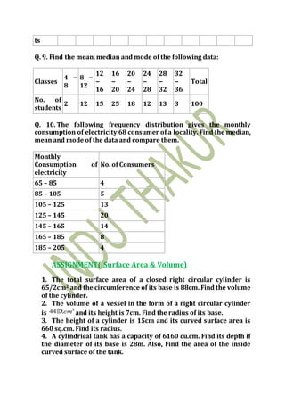 ts
Q. 9. Find the mean, median and mode of the following data:
Classes
4 −
8
8 −
12
12
−
16
16
−
20
20
−
24
24
−
28
28
−
32
32
−
36
Total
No. of
students
2 12 15 25 18 12 13 3 100
Q. 10. The following frequency distribution gives the monthly
consumption of electricity 68 consumer of a locality. Find the median,
mean and mode of the data and compare them.
Monthly
Consumption of
electricity
No. of Consumers
65 – 85 4
85 – 105 5
105 – 125 13
125 – 145 20
145 – 165 14
165 – 185 8
185 – 205 4
ASSIGNMENT( Surface Area & Volume)
1. The total surface area of a closed right circular cylinder is
65/2cm2 and the circumference of its base is 88cm. Find the volume
of the cylinder.
2. The volume of a vessel in the form of a right circular cylinder
is and its height is 7cm. Find the radius of its base.
3. The height of a cylinder is 15cm and its curved surface area is
660 sq.cm. Find its radius.
4. A cylindrical tank has a capacity of 6160 cu.cm. Find its depth if
the diameter of its base is 28m. Also, Find the area of the inside
curved surface of the tank.
 
