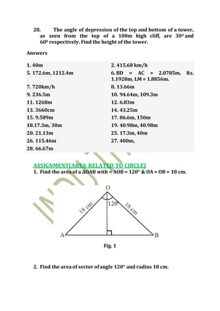 28. The angle of depression of the top and bottom of a tower,
as seen from the top of a 100m high cliff, are 300 and
600 respectively. Find the height of the tower.
Answers
1. 40m 2. 415.68 km/h
5. 172.6m, 1212.4m 6. BD = AC = 2.0785m, Rs.
1.1928m, LM = 1.8856m.
7. 720km/h 8. 13.66m
9. 236.5m 10. 94.64m, 109.3m
11. 1268m 12. 6.83m
13. 3660cm 14. 43.25m
15. 9.589m 17. 86.6m, 150m
18.17.3m, 30m 19. 40.98m, 40.98m
20. 21.13m 25. 17.3m, 40m
26. 115.46m 27. 400m,
28. 66.67m
ASSIGNMENT(AREA RELATED TO CIRCLE)
1. Find the areaof a ∆OAB with < AOB = 120° & OA = OB = 18 cm.
Fig. 1
2. Find the areaof sector ofangle 120° and radius 18 cm.
 