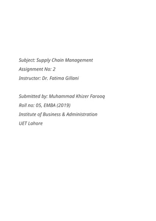 Subject: Supply Chain Management
Assignment No: 2
Instructor: Dr. Fatima Gillani
Submitted by: Muhammad Khizer Farooq
Roll no: 05, EMBA (2019)
Institute of Business & Administration
UET Lahore
 